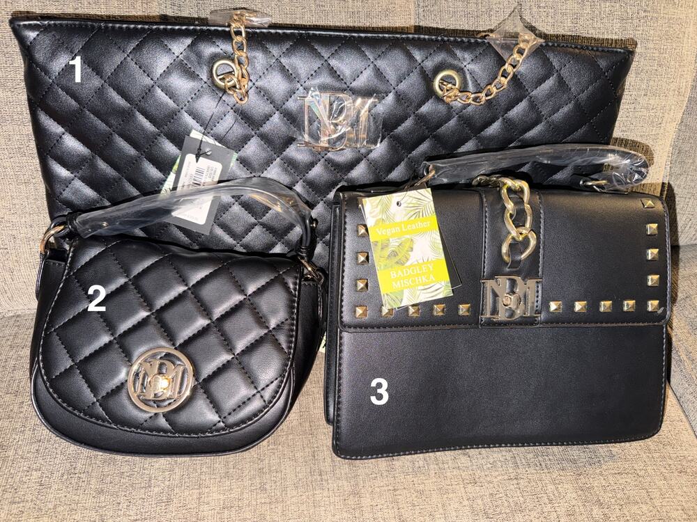 3 NWT Badgley Mischka Black Quilted Handbags Purse Bag Lot Gold Hardware